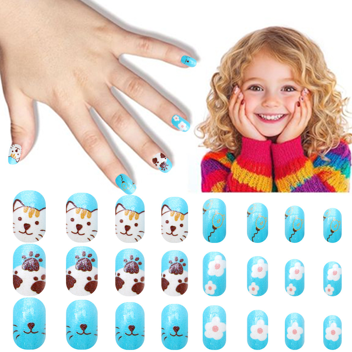 Juego de 24 piezas de uñas postizas para niños con diseño de dibujos animados, desmontables con adhesivo y exquisito diseño.