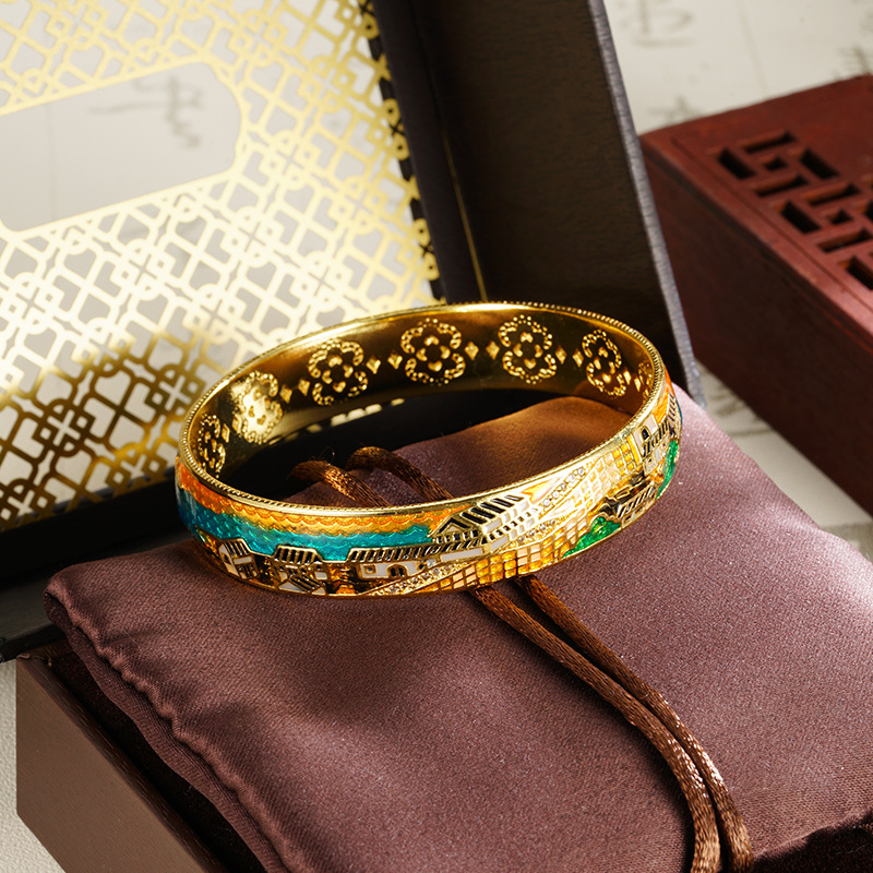 Guochao paisaje palacio viento brazalete muralla oro de arena de Vietnam colorido explosión de transmisión en vivo fábrica al por mayor directamente para el viento de China