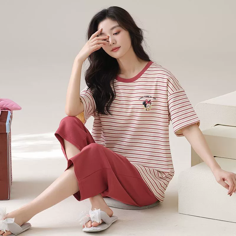 Summer cute trousers, pijama, tie with a round collar, top with cups, with short sleeve, simple and elegant design