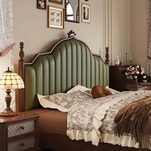 French Retro Style Solid Wood Double Master Bedroom Household One-meter Eight Wood Bed Frame American-style Middle-ancient Soft Backrest Leather Bed