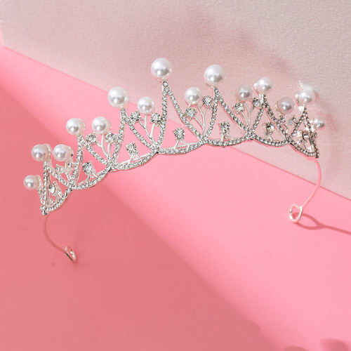 Children's Birthday Crown Alloy Pearl Crown Headwear Bridal Wedding Dress Hairband Dinner Performance Tiara