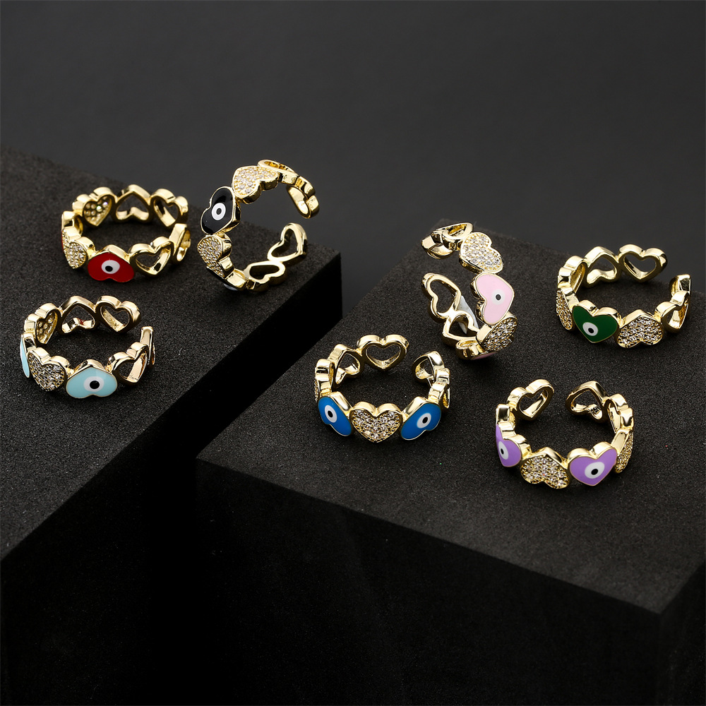 new heart shape dripping oil zircon devil eye golden open ring