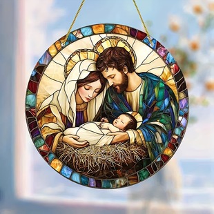 Cross-Border Nativity Scene Holiday Stained Glass Style Sun Catcher Christmas Window Hanging Decoration