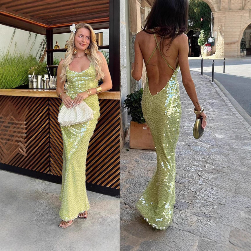 Cross-Border European and American Style Dress, Green Time-Design Spaghetti Strap Long Dress, Sequined Backless Gown, Fashionable Sleeveless