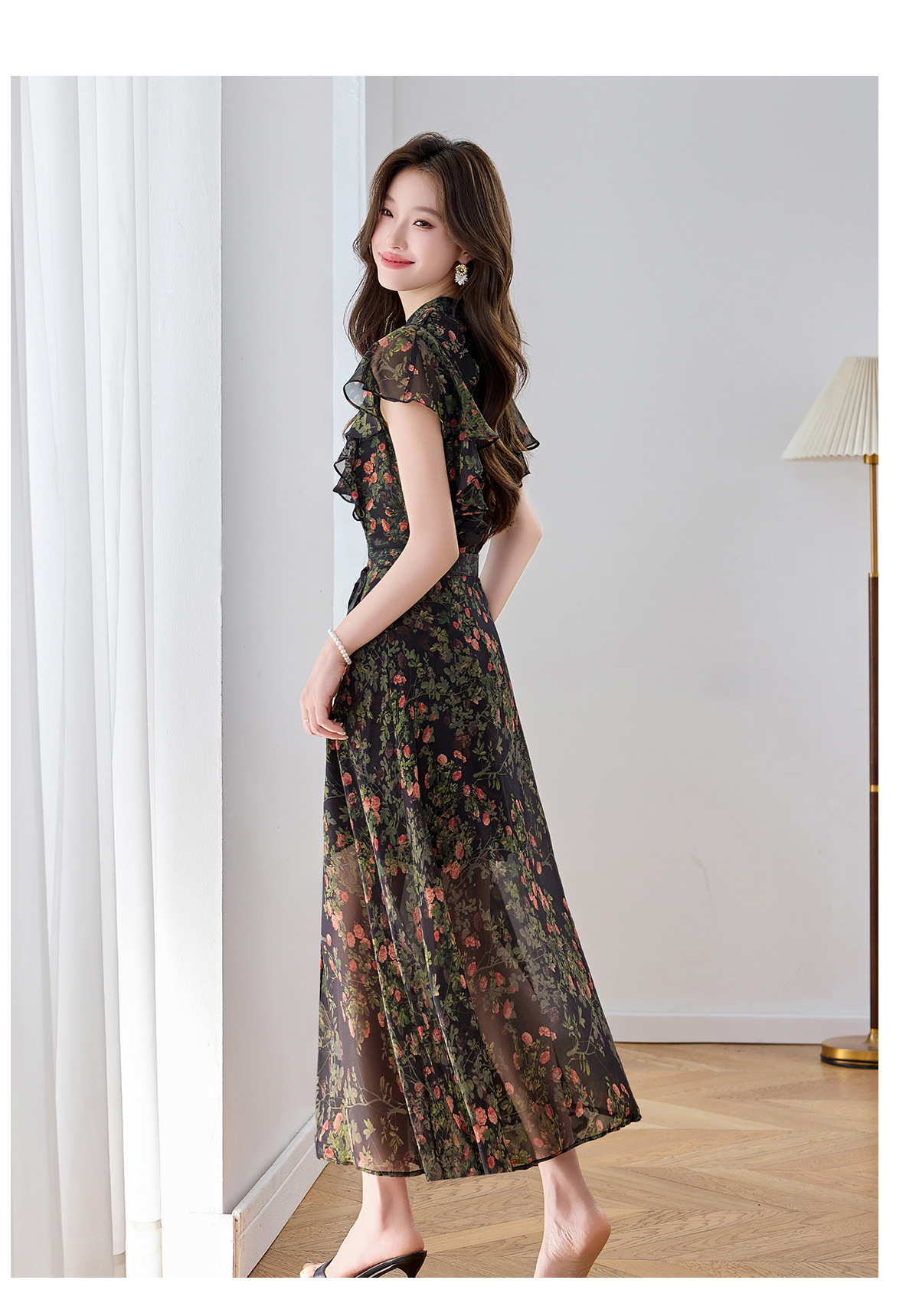Đầm maxi nữ thắt eo họa tiết hoa nhí hai dây mặc hai kiểu Z5718 — Hoa đỏ, Chấm tròn chi tiết 18