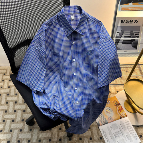 American Retro Embroidered Blue Check Short-Sleeve Shirt for Men and Women, Couple Summer Casual Loose Luxury Feeling Top for Men