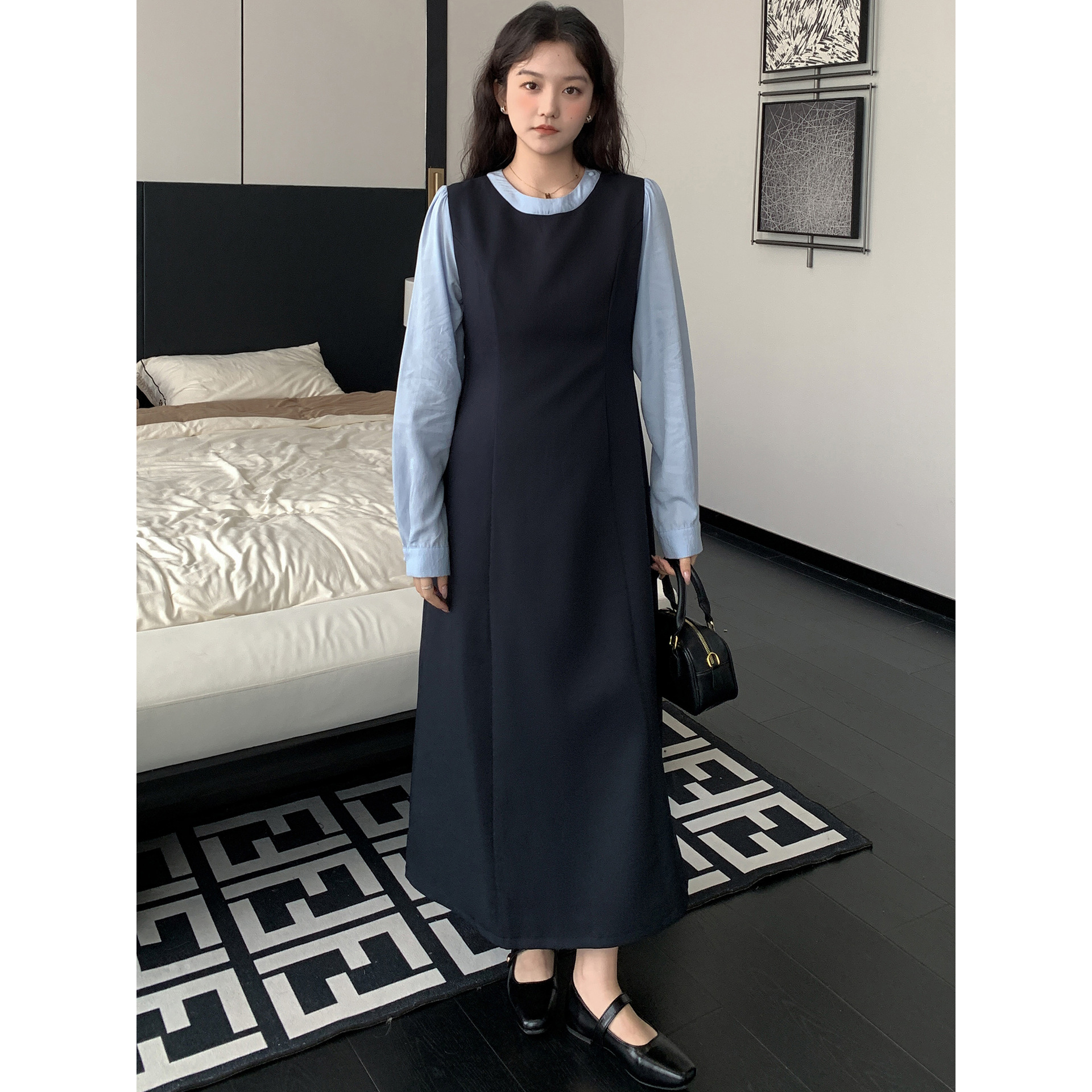 60329#새로운2025플러스사이즈여성의살짝뚱뚱한대학스타일가짜투피스허리드레스슬리밍롱스커트의실제샷