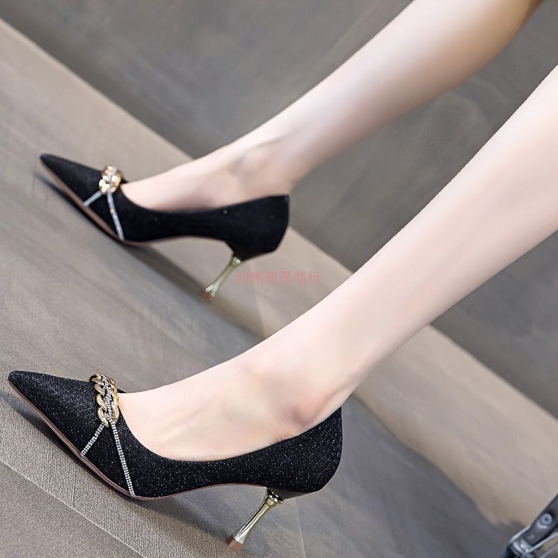冬天黑色高跟鞋女2025秋冬季新款设计感小众浅口法式名媛网红单鞋