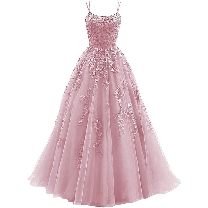 Amazon Foreign Trade spaghetti strap prom evening dress long tulle lace applique Women's Party prom dress