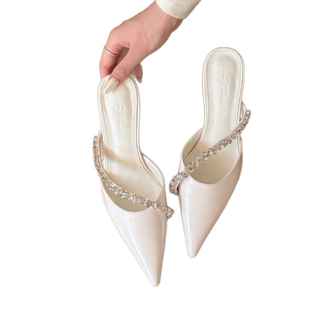 ¡Engstudio es rico y precioso! Blanco puntero diamante tacones altos zapatillas de primavera de 2025 zapatillas de tacón fino