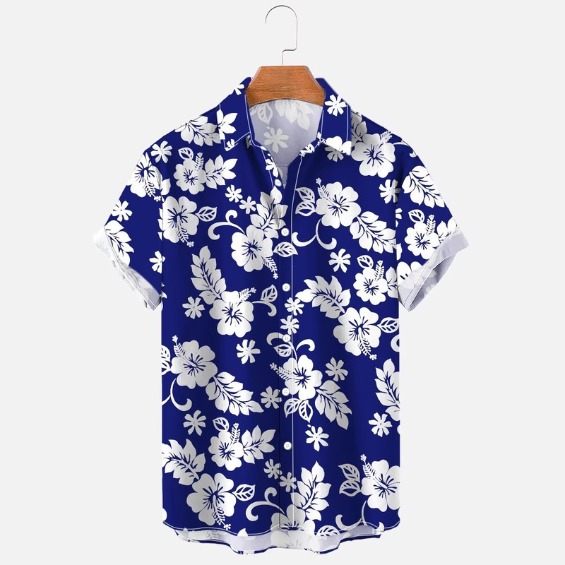 Fashionable Men's Short-Sleeved Floral Pattern Hawaiian Shirt, Comfortable for Outdoor Wear, European and American Simple Style
