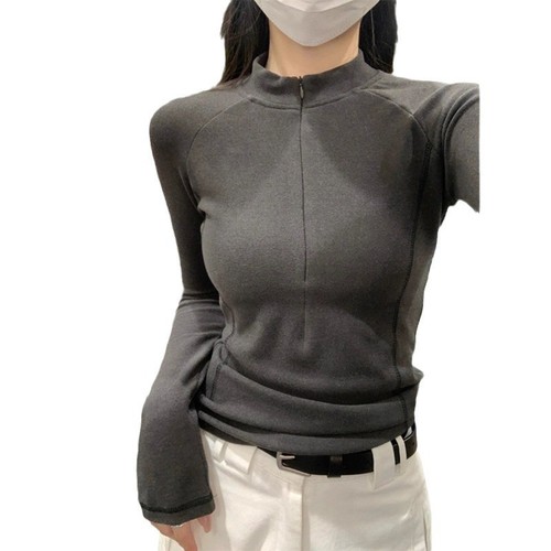 Dedeon T-shirt, Women's Fall/Winter 2025 Design-Driven Half-Turtleneck Zip-Up Top with Fishbone Pattern, Long-Sleeve Inner Layering Base Shirt