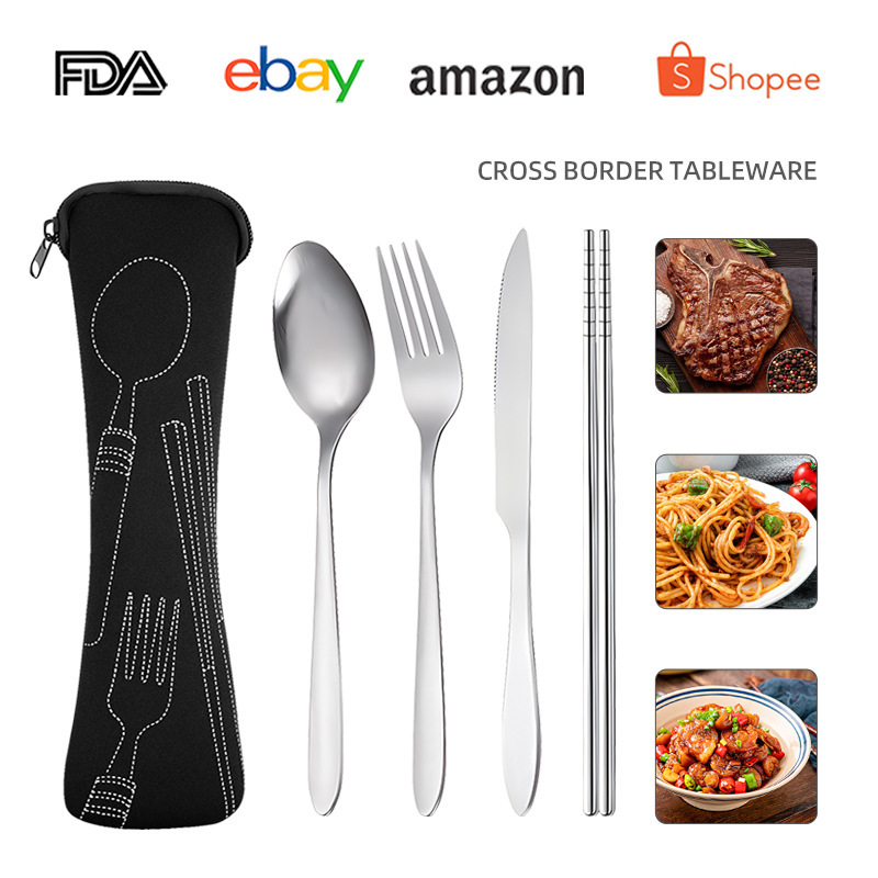 Cross-border Stainless Steel Tableware suit Travel Outdoor Knife and Fork Spoon Chopsticks Storage Bag Portable Gift Western Tableware