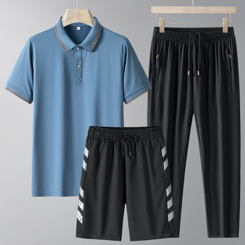 Set de manga corta de mediana edad para hombre verano papá pantalones cortos de hielo con solapa polo casual de tres piezas pantalones secos rápidos