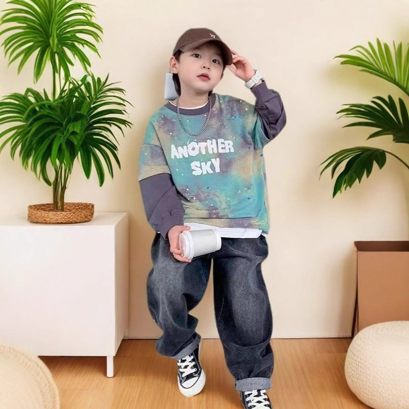 Spring New Children's Tie-Dye Sweatshirt Boys' Stylish Cartoon Long-Sleeve Top Fake Two-Piece Trendy Sweatshirt