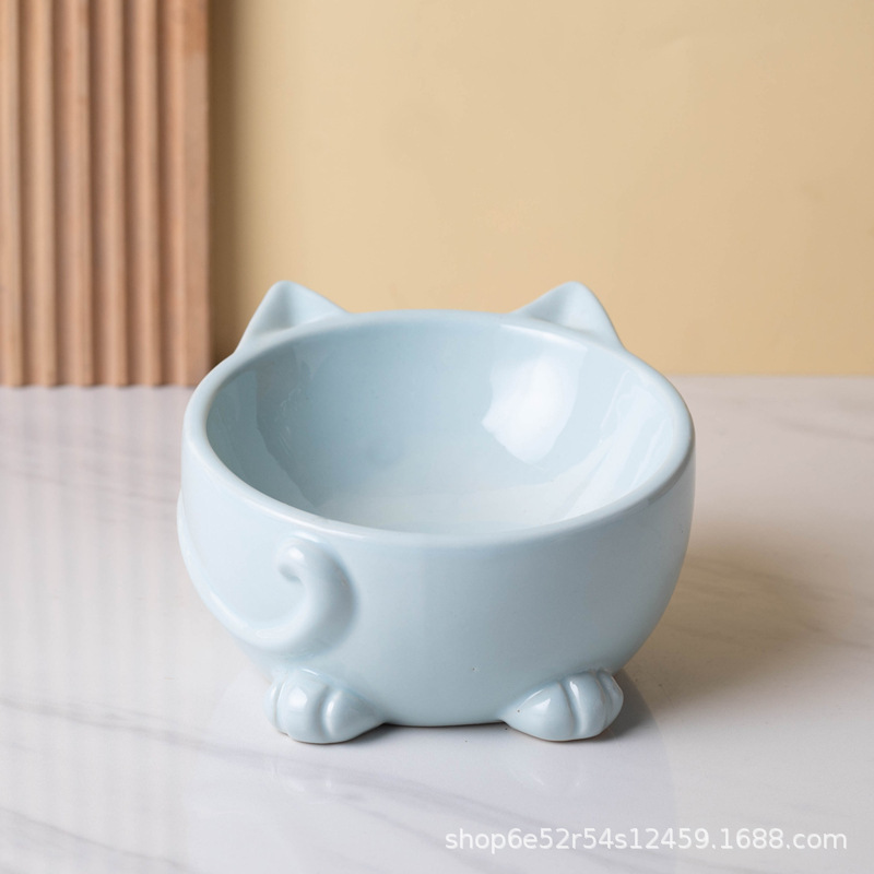 陶磁器の猫の碗の双碗の飲み物の碗のペットのかわいい猫の鉢の高い足の首の保護の頚椎の斜め口の猫の茶碗の猫|undefined