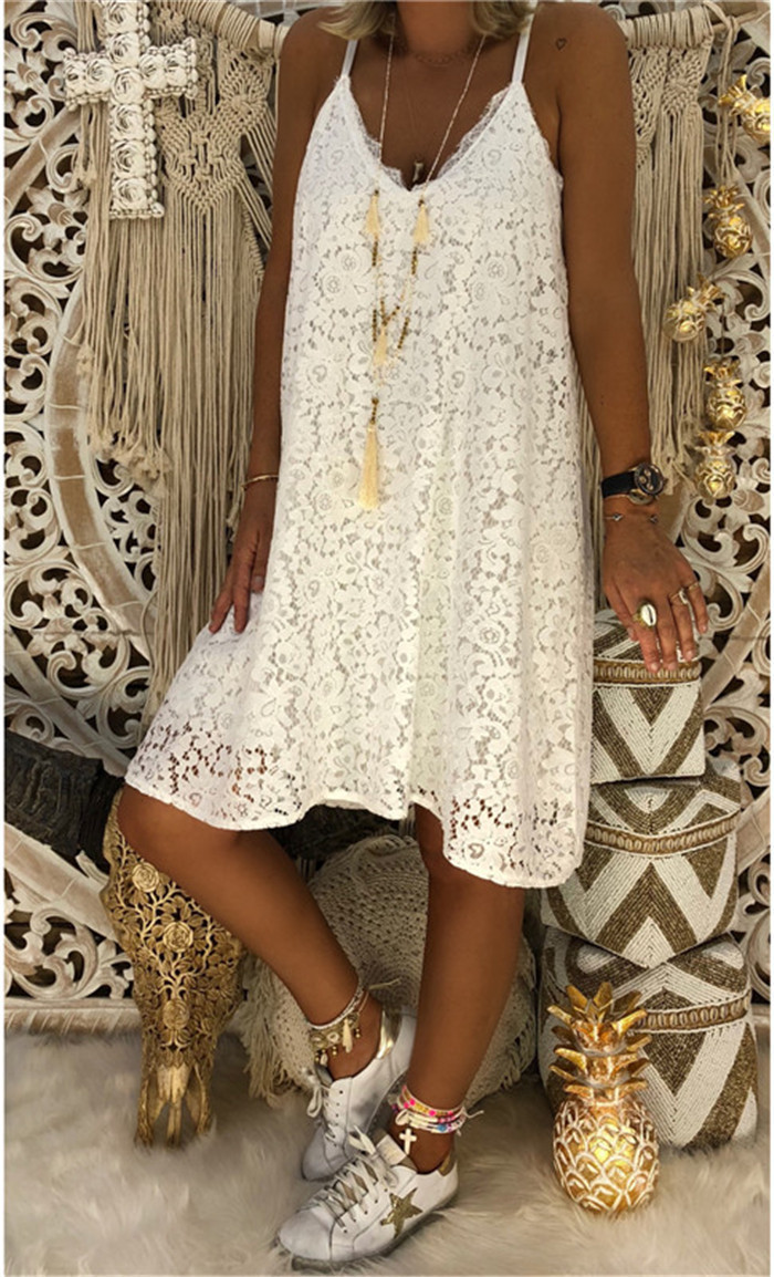 summer solid color sleeveless V-neck sling lace loose dress NSYF64684