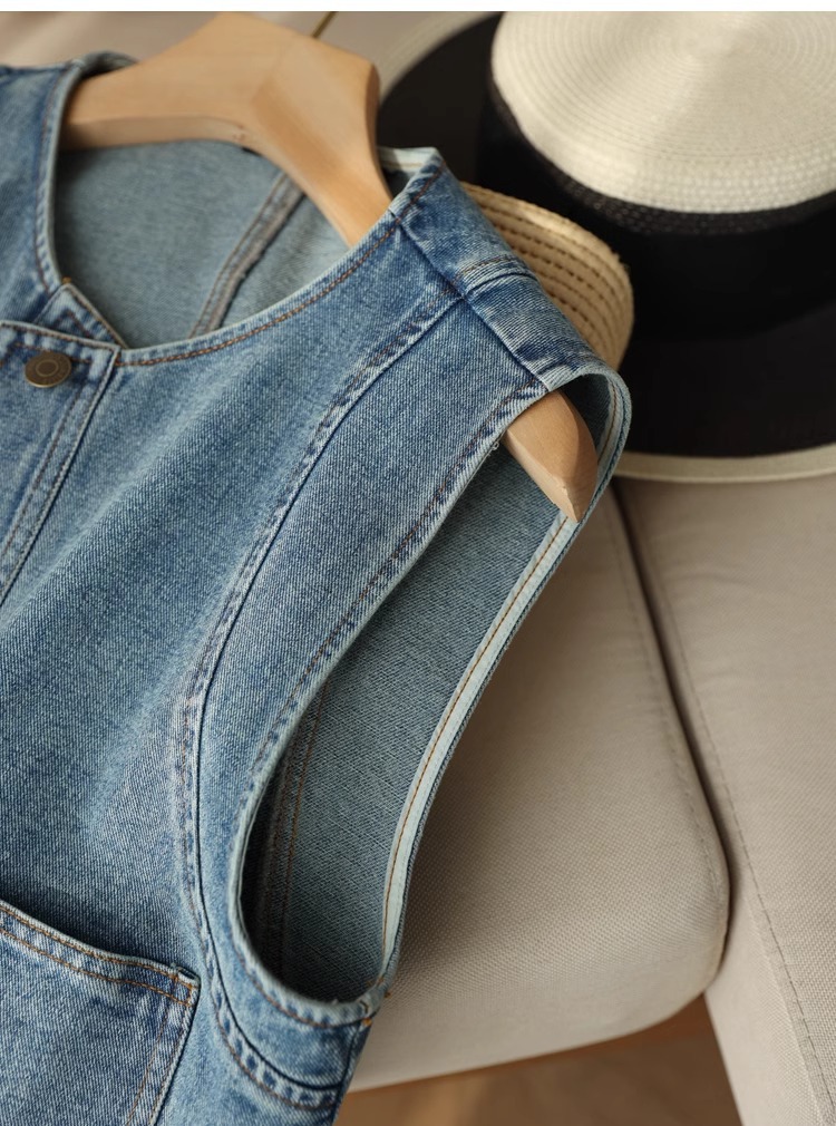 Áo vest denim nữ ngắn tay rộng rãi phong cách thời trang xuân hè — Xanh denim chi tiết 13