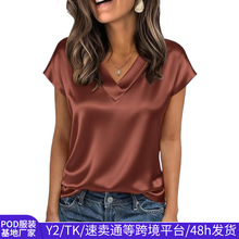 跨境现货女式色丁T恤春夏季亚马逊欧美女装新款V领缎面休闲上衣女