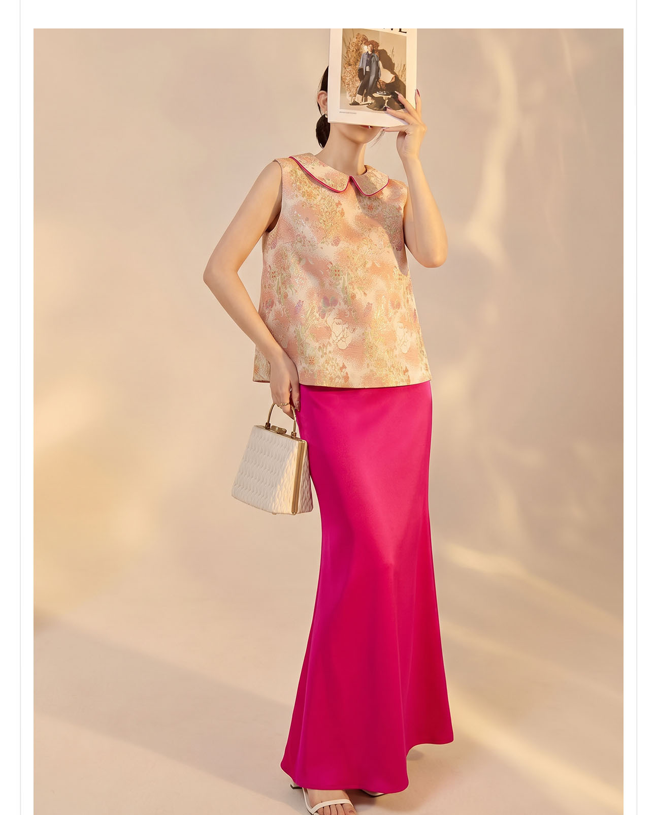 Bộ áo vest gile jacquard + chân váy nữ quốc phong mùa hè 2026 — Áo khoác Carmine, Trang phục [Áo khoác màu hồng+váy đỏ], Màu đỏ nửa váy chi tiết 4