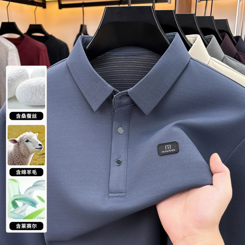Cross-border drop shipping men's long-sleeved polo shirt with wool and mulberry silk, featuring a lapel collar, letter logo, wrinkle-resistant, soft, and casual t-shirt Cross-border drop shipping men's long-sleeved polo shirt with wool and mulberry silk, featuring a lapel collar, letter logo, wrinkle-resistant, soft, and casual t-shirt