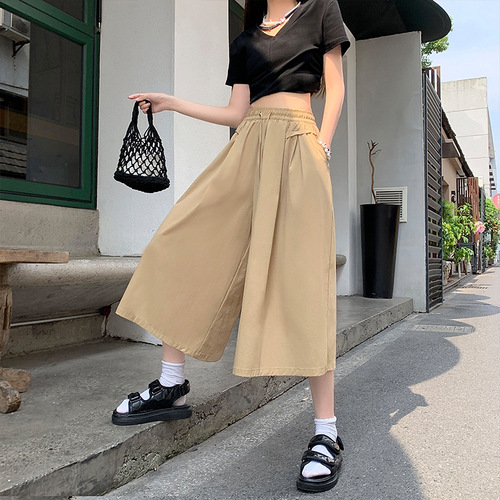 Ice silk mid-length culottes for women summer 2024 new high-waist slim drape loose casual lazy wide-leg eight-quarter pants