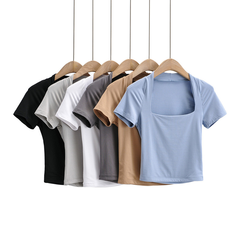 American INS low-cut square collar slim-fit cropped T-shirt for women Summer new elastic slim-fit solid color short-sleeved shirt fashion American INS low-cut square collar slim-fit cropped T-shirt for women Summer new elastic slim-fit solid color short-sleeved shirt fashion