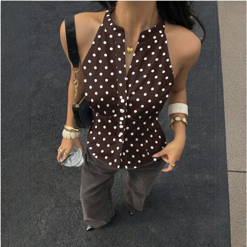 Cross-Border European and American Style Plaid Polka Dot Shirt with Halter Neck, Women's Summer New Sleeveless Slim Fit V-Neck Short Top Cross-Border European and American Style Plaid Polka Dot Shirt with Halter Neck, Women's Summer New Sleeveless Slim Fit V-Neck Short Top