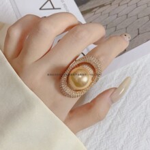 新款超闪豪华气质珍珠戒指女士开口金元宝精致重工高级感百搭女戒