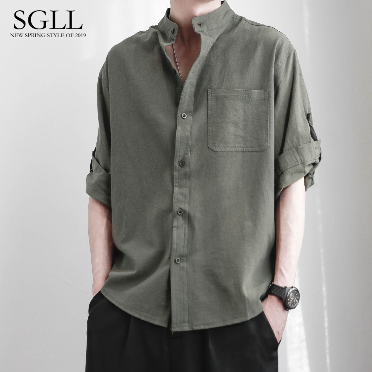 Camisa de lino Camisa de manga corta para hombre Chaqueta casual de algodón y lino de verano para hombre de estilo chino para hombre Chaqueta de media manga