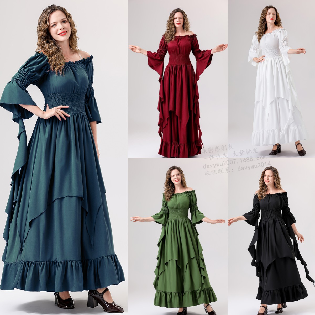 亞馬遜萬聖節服裝歐美捆綁束腰中世紀文藝復興復古多色長裙