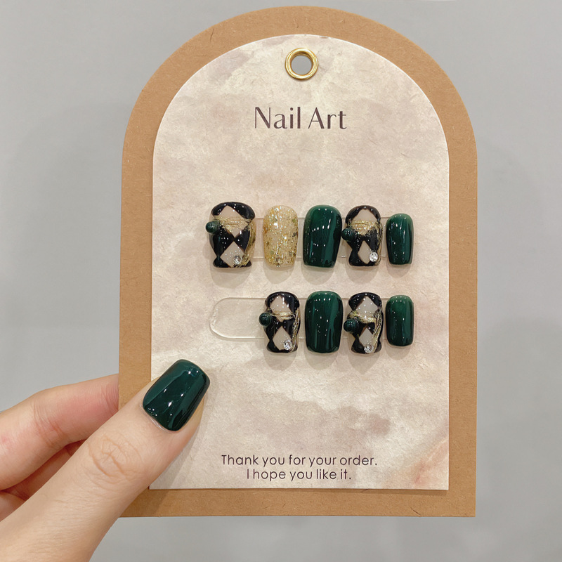 [Original real shot] emerald rhombus pure hand-worn nail gentle nail net red fake nail patch wholesale
