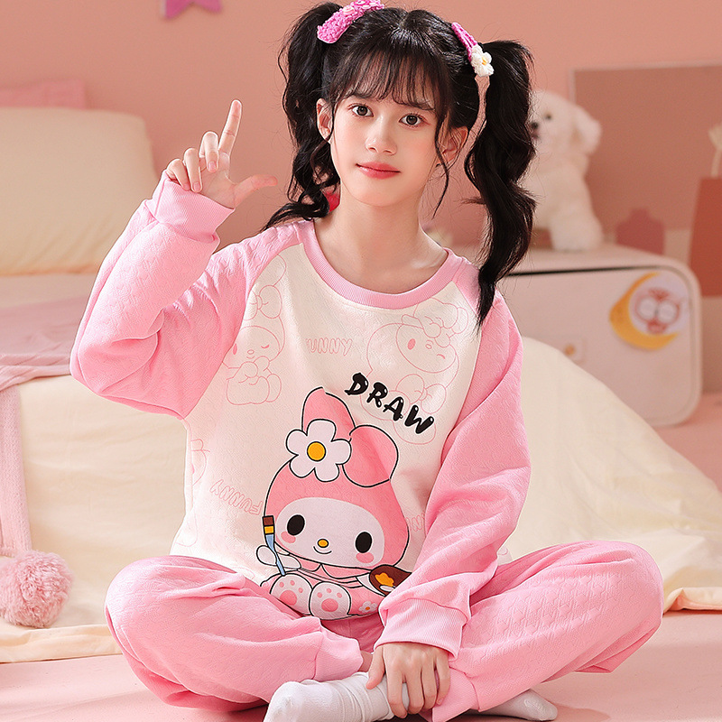 소녀 잠옷 가을과 겨울 두꺼운 샌드위치 공기 면 큰 어린이 긴 소매 소녀 MERLOT 어린이 홈 의류 세트