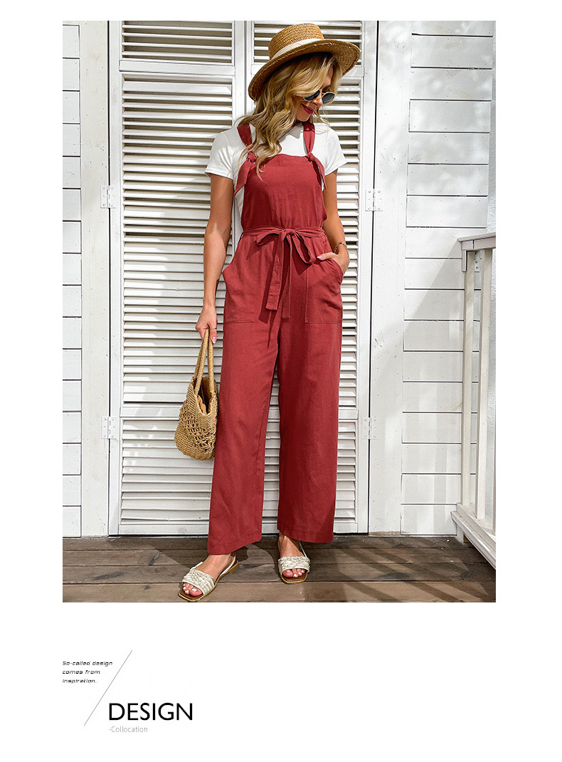 Red Retro Wide-leg High-waisted Slim Cotton and Linen Overalls_voghion.com