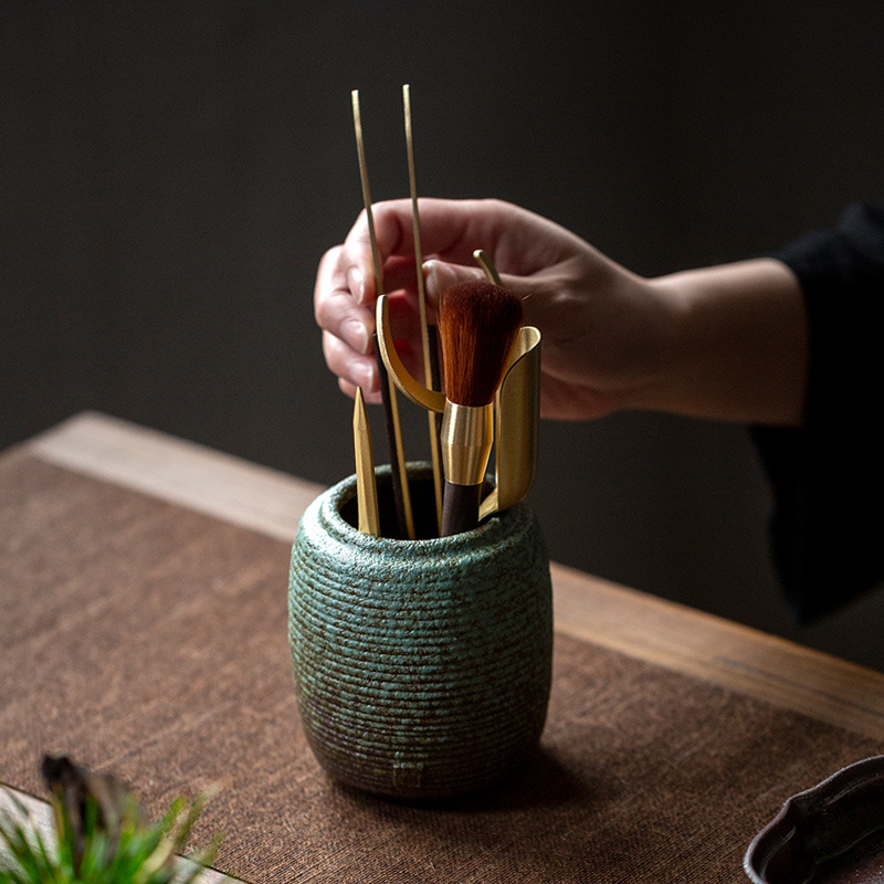 Tao Yi Coarse Pottery Kiln Change Tea Art Tea Ceremony Six Gentleman Set Ebony Brass Cup Fork Tea Clip Tea Spoon Tea Needle