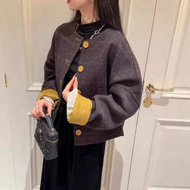 咖色格子短款外套女2025秋冬新款韩系小个子复古小香风夹克A8158