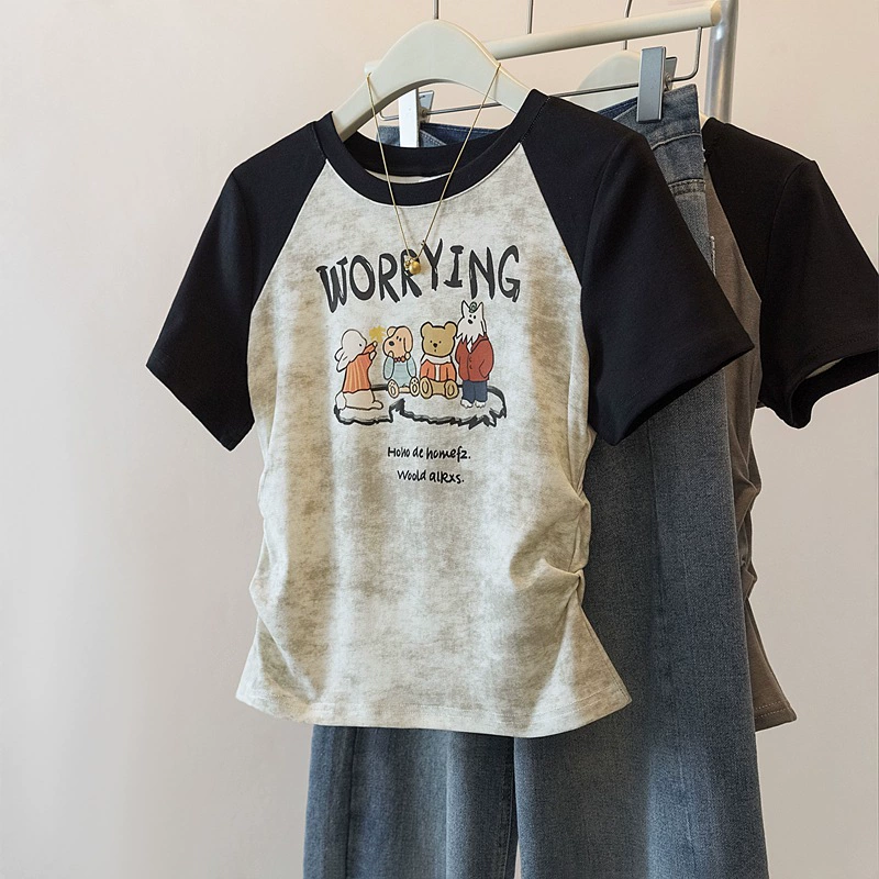 现货2025新款微胖mm圆领字母图案袖拼色短款T恤显瘦遮肚上衣