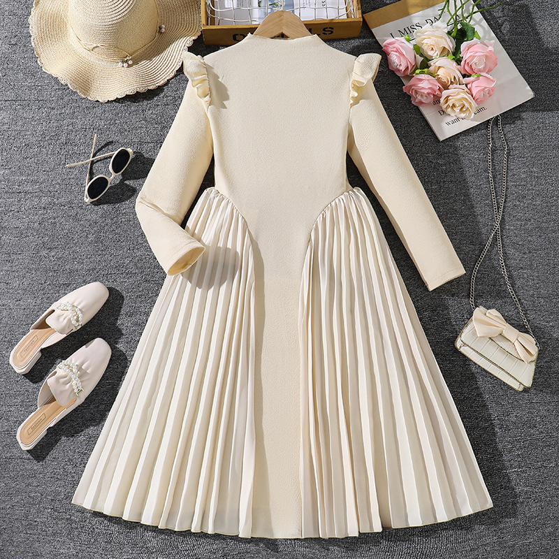 Niñas vestidos de niños comercio exterior ropa infantil transfronteriza otoño nuevo cuello vertical temperamento pliegado costura vestido de manga larga falda larga
