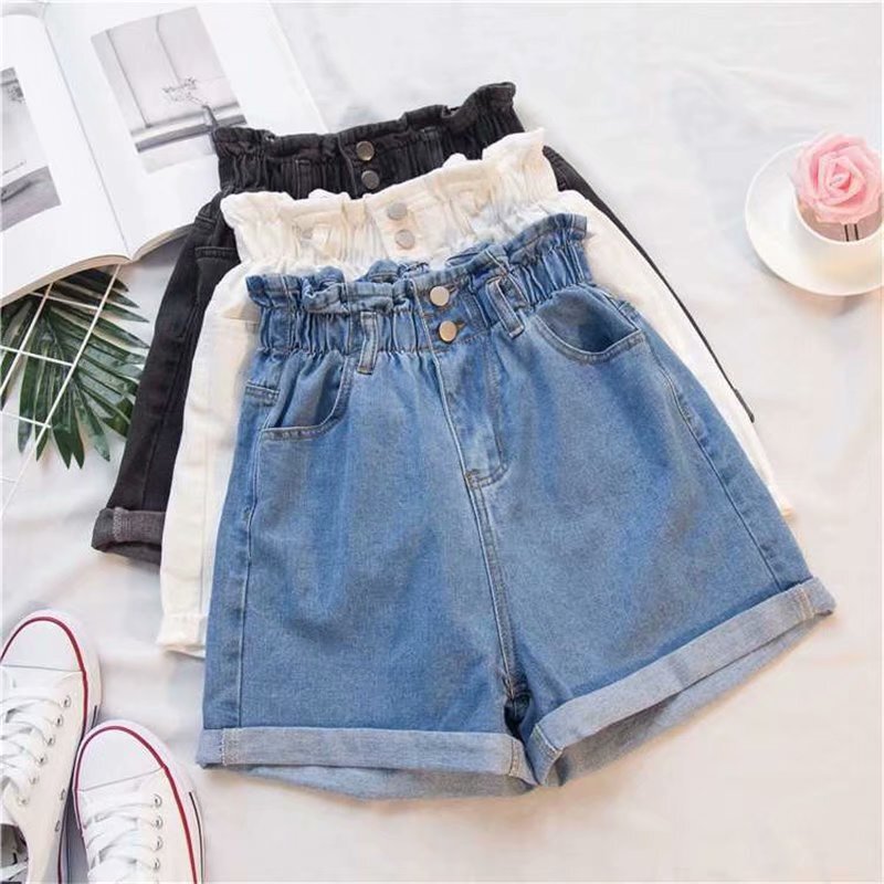 Denim Shorts Women's Summer Korean-style Staggy Waist Straight Loose Slimming All-match High Waist Curl A- line Wide-leg Hot Pants