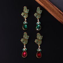 中古vintage树叶耳钉复古宫廷轻奢做旧耳饰小众文艺镶钻玻璃耳坠