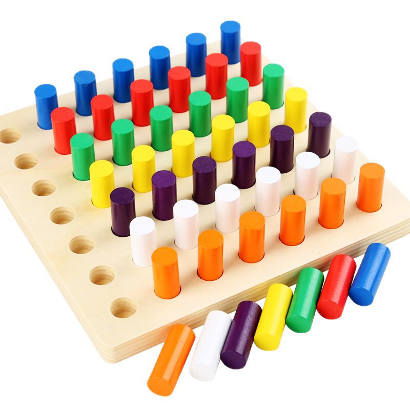 Montessori Color Sensación Insertar palo Jardín de infancia Iluminación Educación temprana Distinación de color Rompecabezas para niños Tablero de agarre de dedos Palo de madera Aletas didácticas