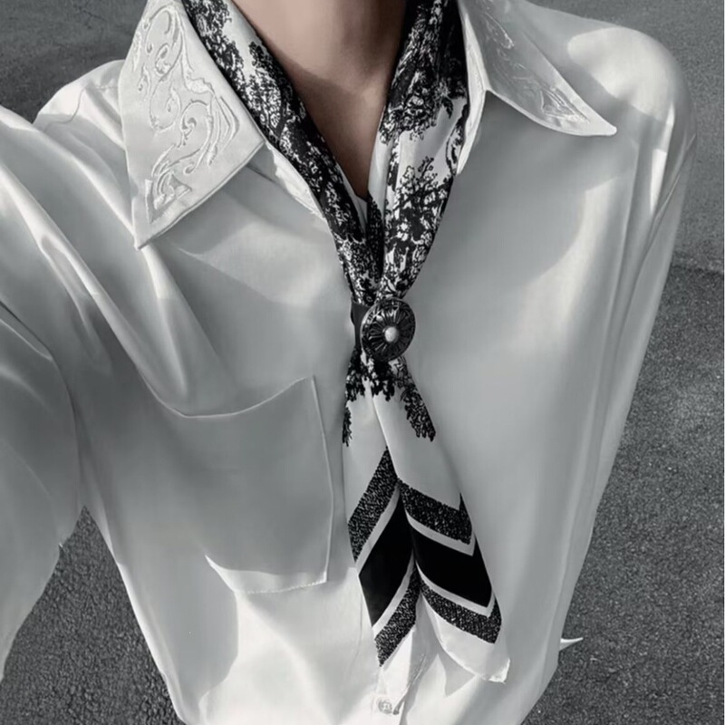 Embroidered Floral Collar White Long-Sleeve Shirt for Men, 2026 Spring and Autumn Design Casual Shirt Jacket for Men