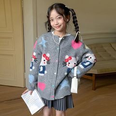 韩国秋冬装女童时髦洋气Kity猫卡通毛衣外套儿童宽松针织开衫亲子