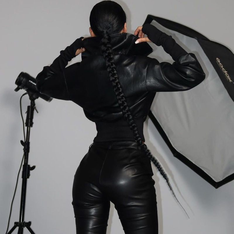 Winter Sexy Slim Short Patchwork Sweatshirt Solid Color Faux Leather Zipper Top