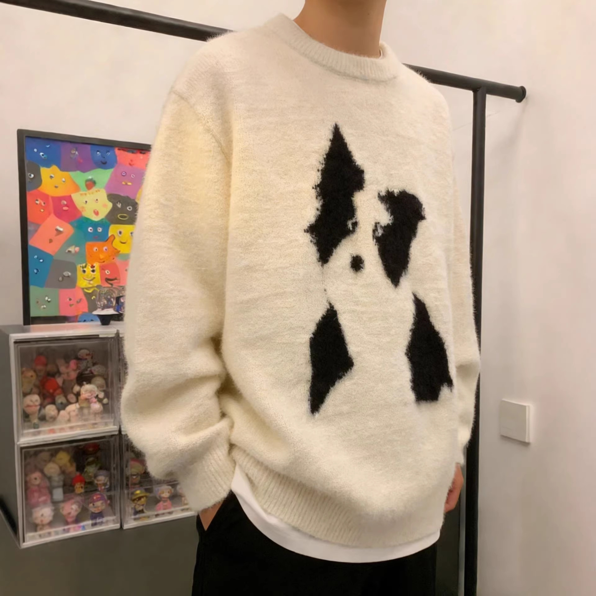 Herren Winterpullover aus Mohair mit Cartoon-Welpenmotiv, Rundhalsausschnitt, lässiger Strickpullover in entspannter Passform für Paare_voghion.com