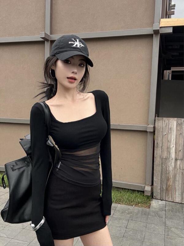 新款法式方领白色打底衫T恤女早秋气质修身微透短款正肩上衣|undefined