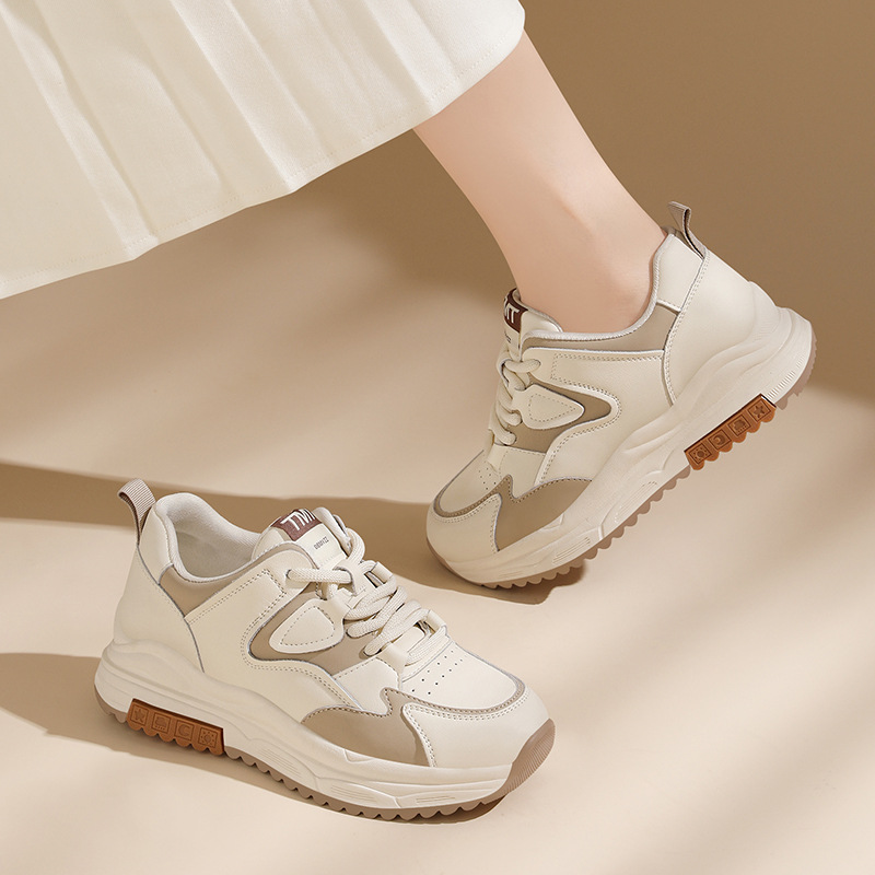 Genuine Leather Retro Fashion Casual Sneakers Women, 2025 Spring And Autumn New Thick-soled Versatile White Shoes For_vogvips.com
