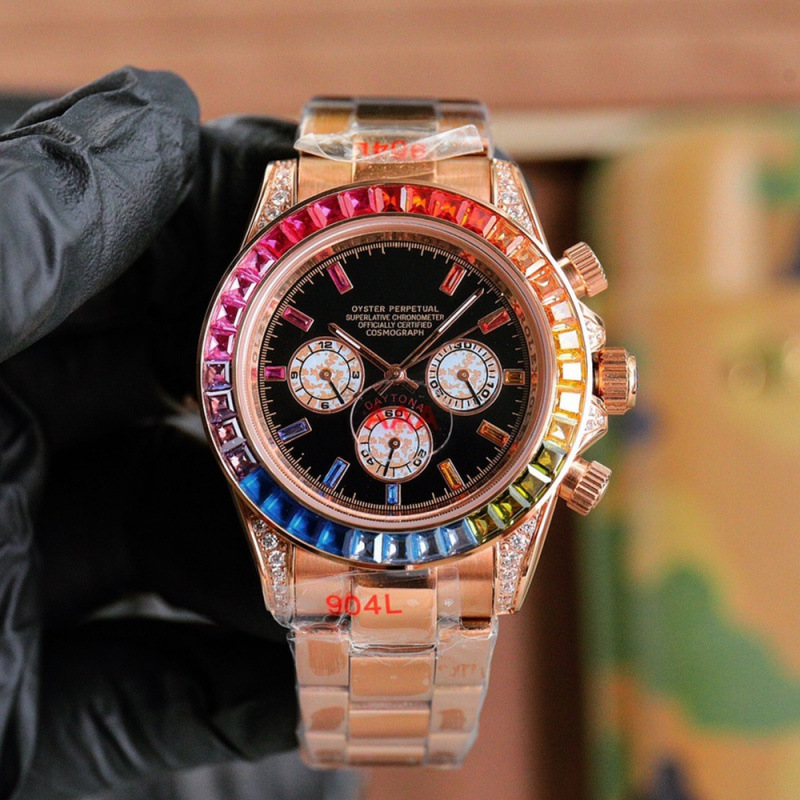 High-end luxury mechanical watch with full diamond bezel, Rainbow Daytona style, wholesale from manufacturer High-end luxury mechanical watch with full diamond bezel, Rainbow Daytona style, wholesale from manufacturer