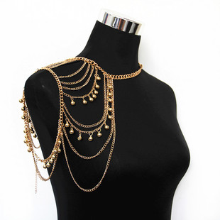 European and American Foreign Trade Street shooting fashion Golden multi-layer tassel ball shoulder chain body chain