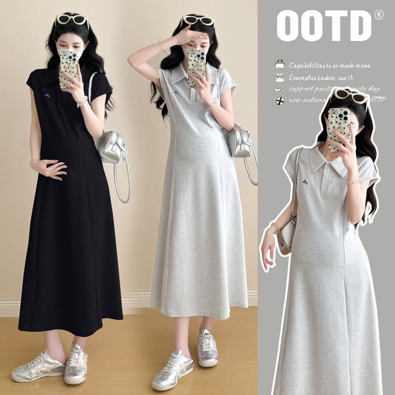 Maternity Summer Dress for Trendy Moms, New Fashion Polo Collar Belly-Covering Long Dress, High-End Outfit for Pregnant Mothers